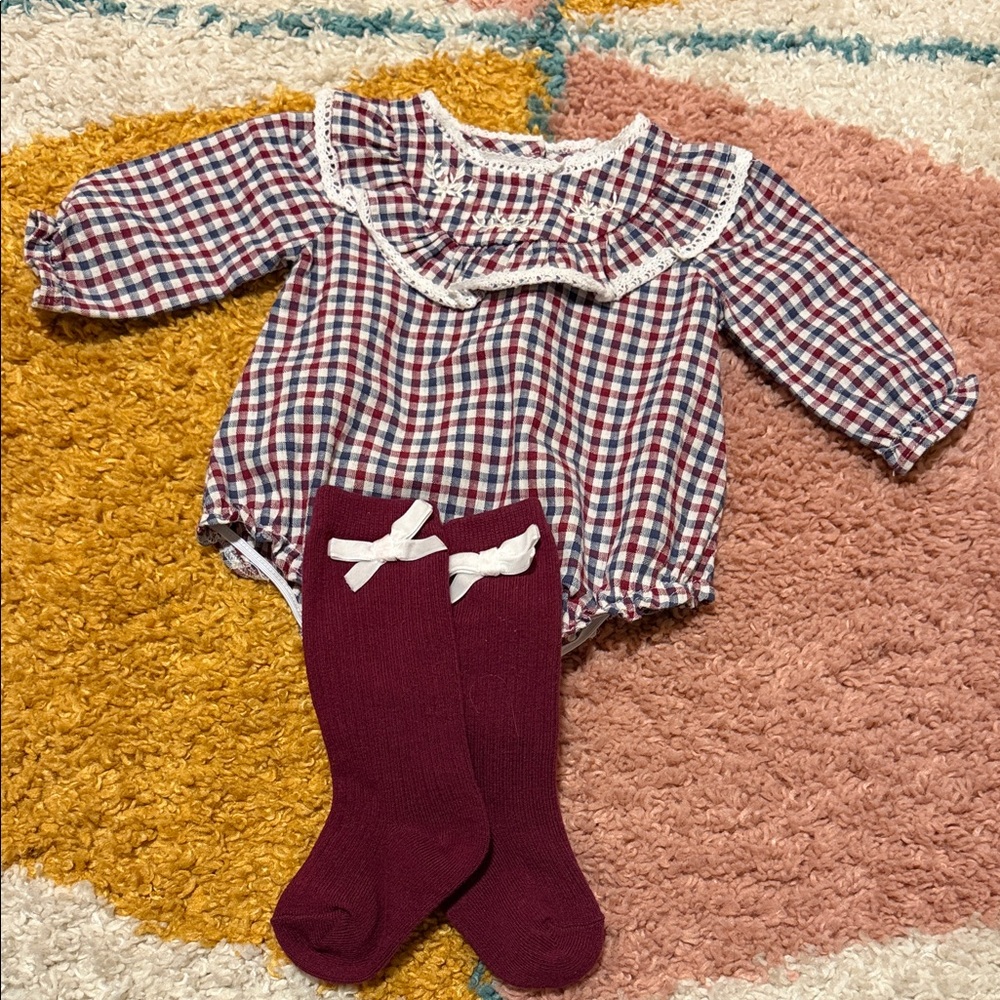 Nicole Miller Plaid Baby Romper with Burgundy Tights